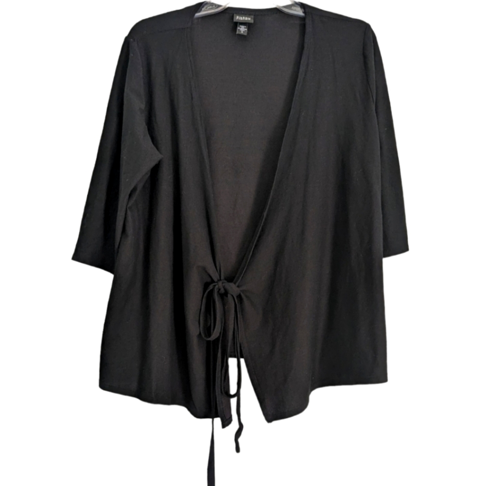 Eileen Fisher 3/4 Sleeve Tie Front Cardigan Sweater Black Medium Made in USA
